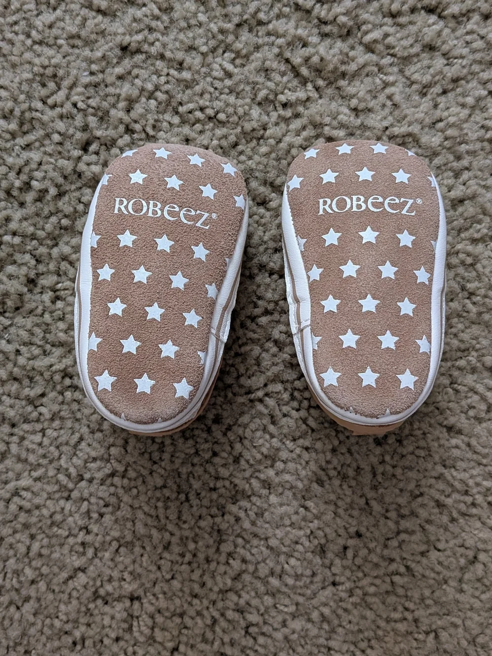 Robeez Tan and White Baby Boat Shoes with Decorative Stitching